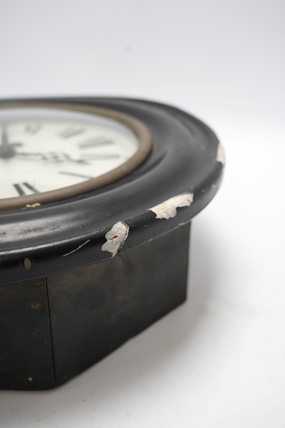A late 19th century circular wall timepiece, dial 24.5cm. Condition - poor